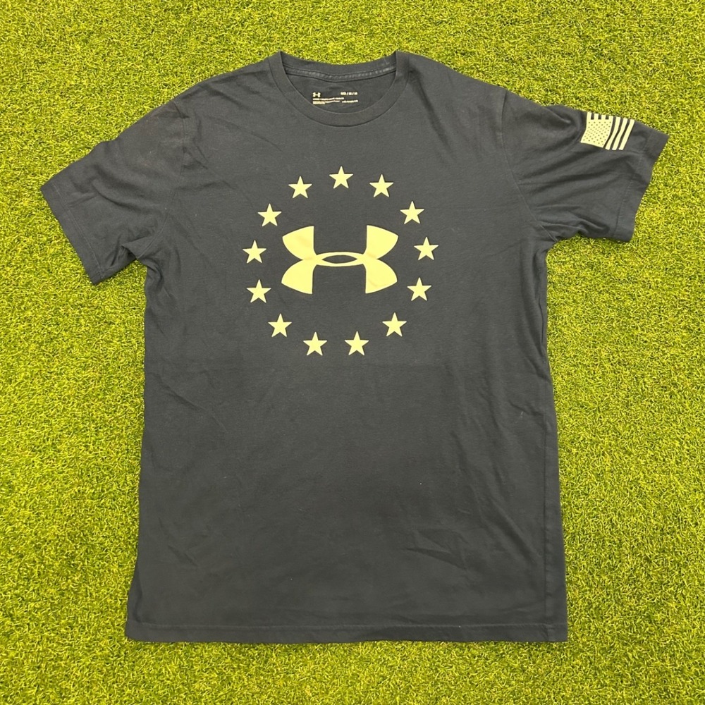 Under Armour Mens HeatGear Navy Blue Star Logo T-Shirt Medium Loose Fit